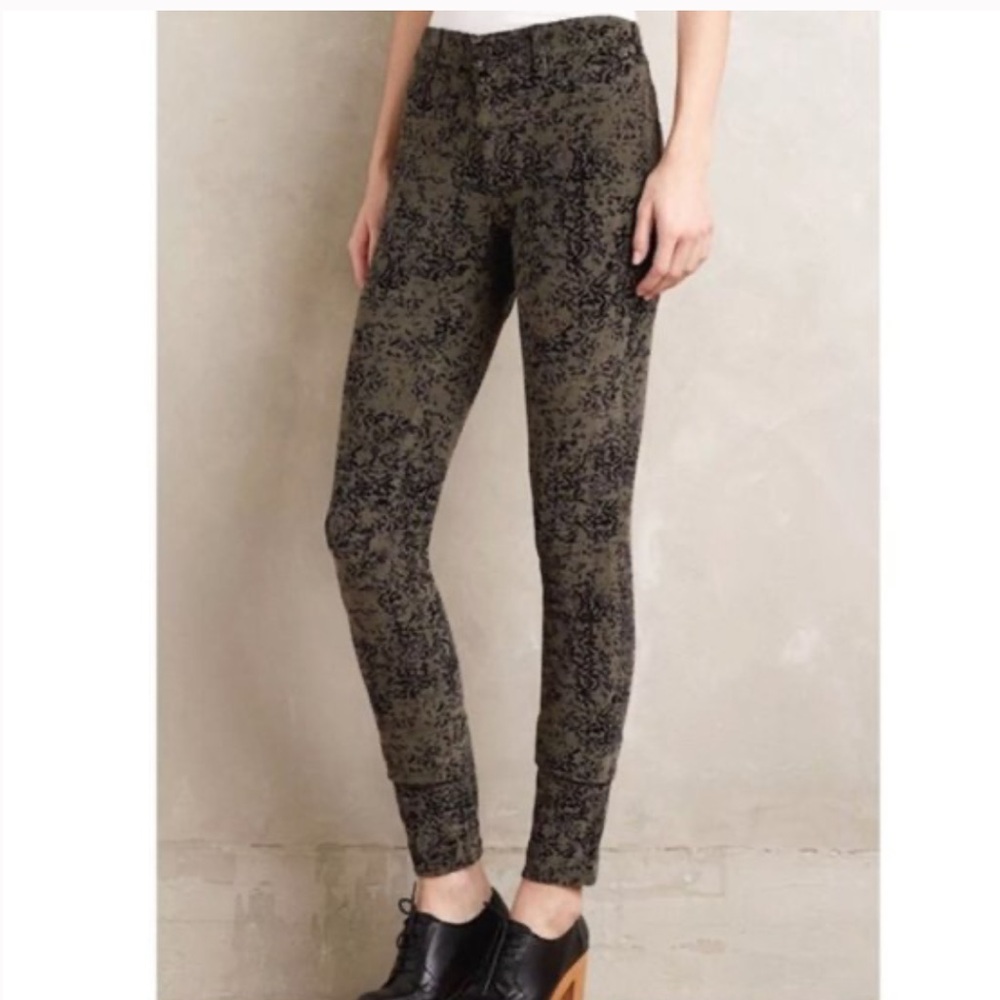 Anthropologie Pilcro green black Serif Corduroy Damask Print skinny Pants 27